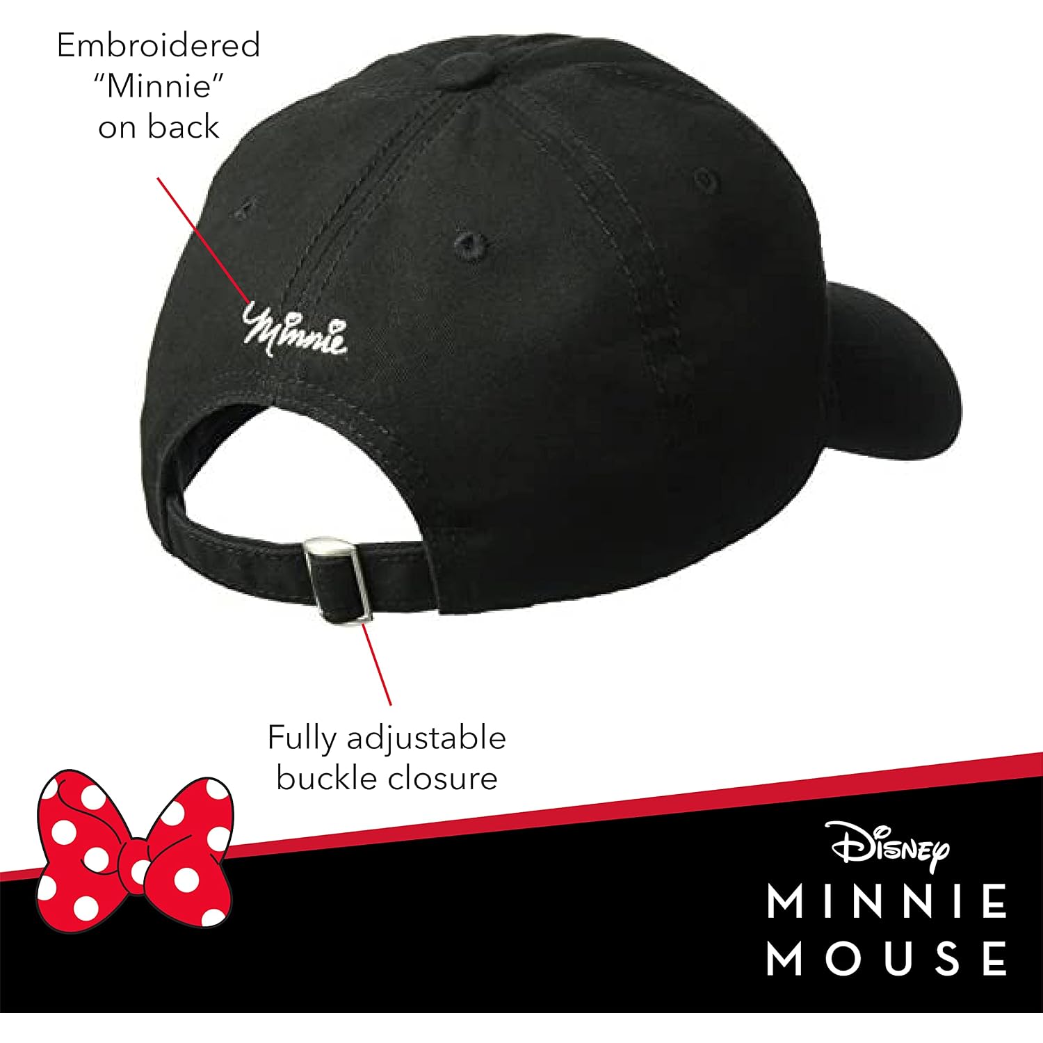 Disney Minnie Mouse Dad Hat, Cotton Adjustable Baseball Cap with Curved Brim Black