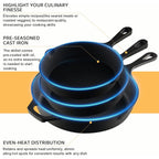 EWFEN Cast Iron Skillet 3-Piece Set, Heavy-Duty Professional Restaurant Chef Quality Pre-Seasoned Pan Cookware Set, 6", 8", 10" Pans For Frying, Saute, Cooking, Use Indoor/Outdoor, Oven, Grill
