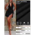 Women Sexy Halter Deep V Neck Ruched Bodycon Dress Summer Side Slit Mesh Hem Cocktail Club Party Short Mini Dresses