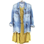 Scofeel Women Denim Shirt Jacket Long Sleeve Button Shacket Coat Distressed Washed Ripped Frayed Hem Jean Jacket
