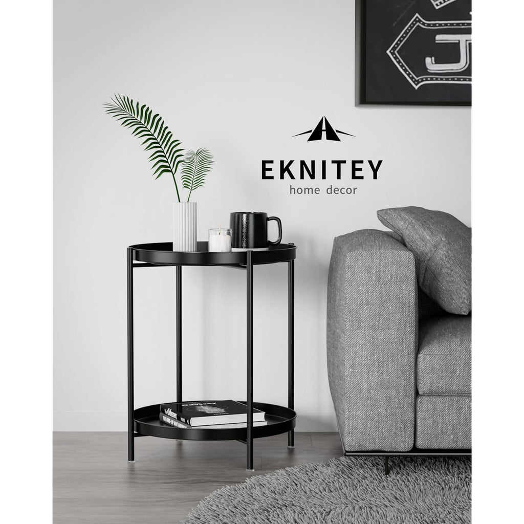 Eknitey 2 Tier End Table - Metal Side Table Waterproof Small Sofa Coffee Side Tables Bedroom Indoor Outdoor With Removable Tray For Living Room Bedroom Balcony And Office (Black)