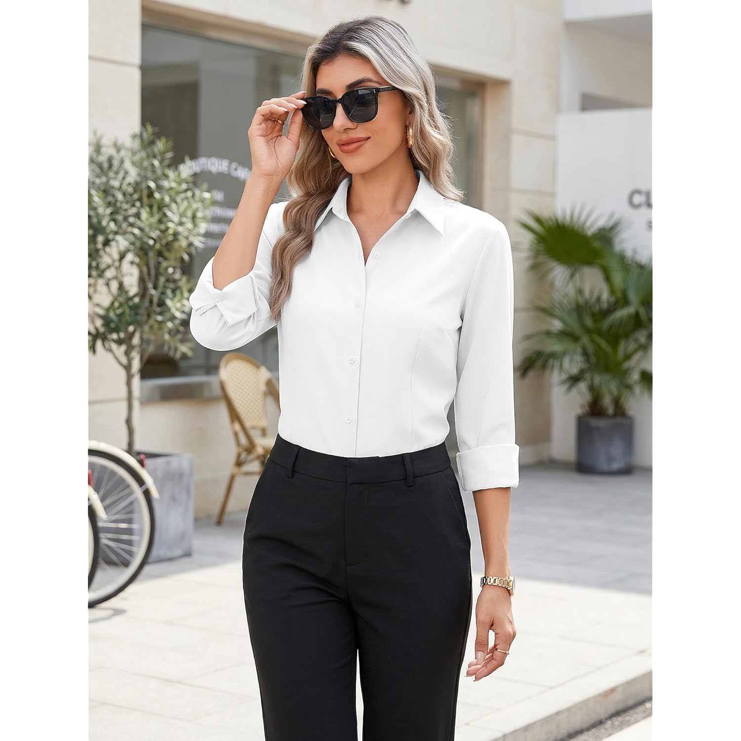 Button Down Shirts for Women Wrinkle Free Long Sleeve Collared Dress Blouses Casual Work Office Tunics Tops