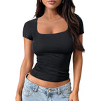 Double Lined Short Sleeve Tshirts for Women Square Neck Cute Crop Top Spring Summer Basic Tees Workout Going Out