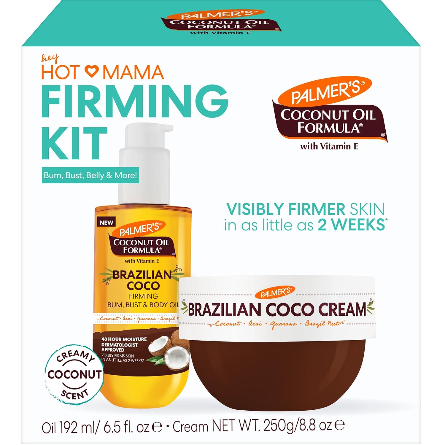 Palmer'S Brazilian Coco Hot Mama Firming Kit, Coconut Oil Formula Skin Care Duo With Firming Body Cream (8.8 Oz) + Body Oil (6.6 Fl Oz) Helps Tone Bum, Belly & Thighs, Provides 48 Hour Moisture