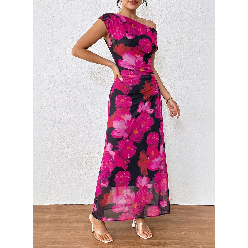 Blencot Women'S Floral Off Shoulder Maxi Dress Ruched Bodycon Summer Wedding Guest Party Gown