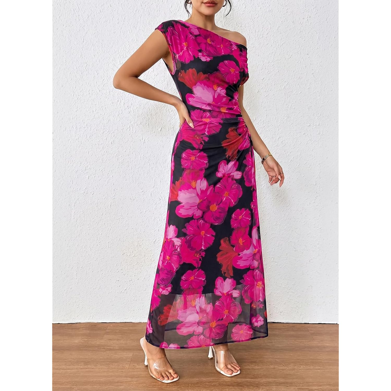 Blencot Women'S Floral Off Shoulder Maxi Dress Ruched Bodycon Summer Wedding Guest Party Gown