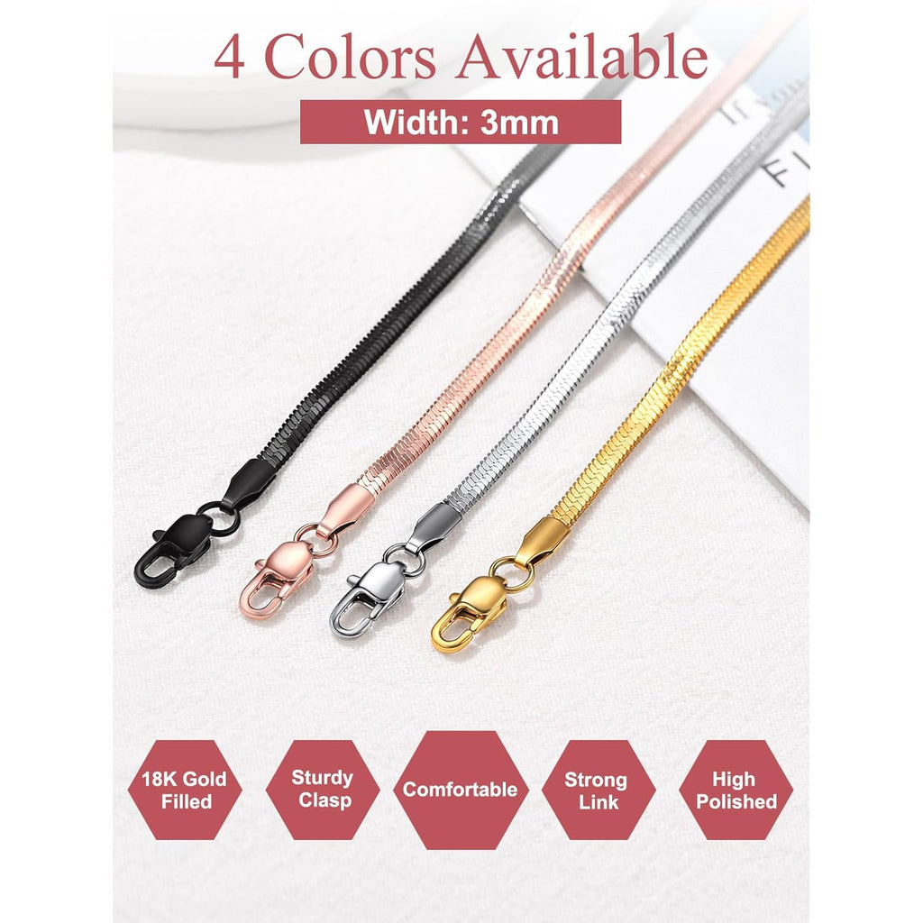FOCALOOK 14K Gold Plated Necklaces for Women, Fashion Herringbone Choker Necklace Stainless Steel Flat Snake Chain 3/5MM(W) 12.5"/15"/18"+3.5"(L)