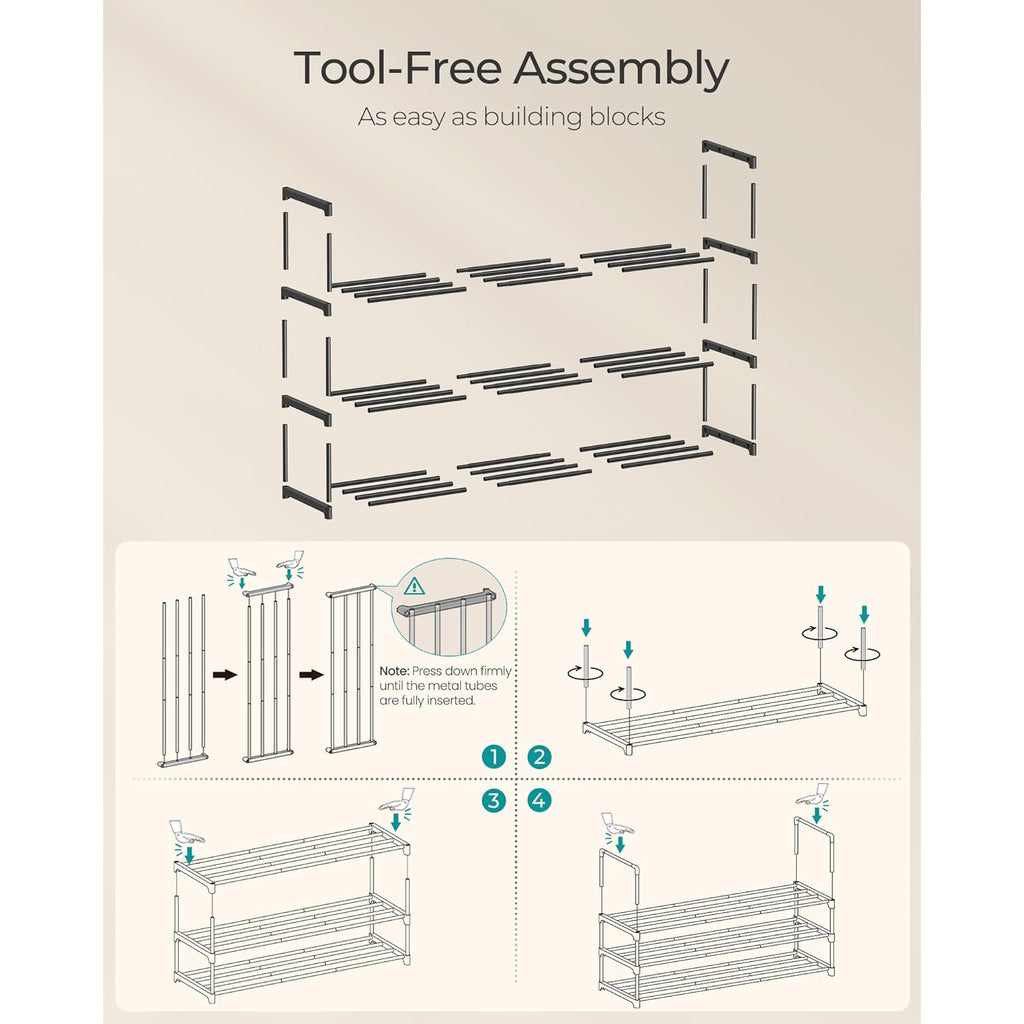 SONGMICS Shoe Rack, 3-Tier Shoe Organizer, Metal Storage Shelf, Upright or Upside Down, for 16-20 Pairs, Stackable, for Entryway, 11.8 x 36.2 x 21.7 Inches, Black ULSA303B02