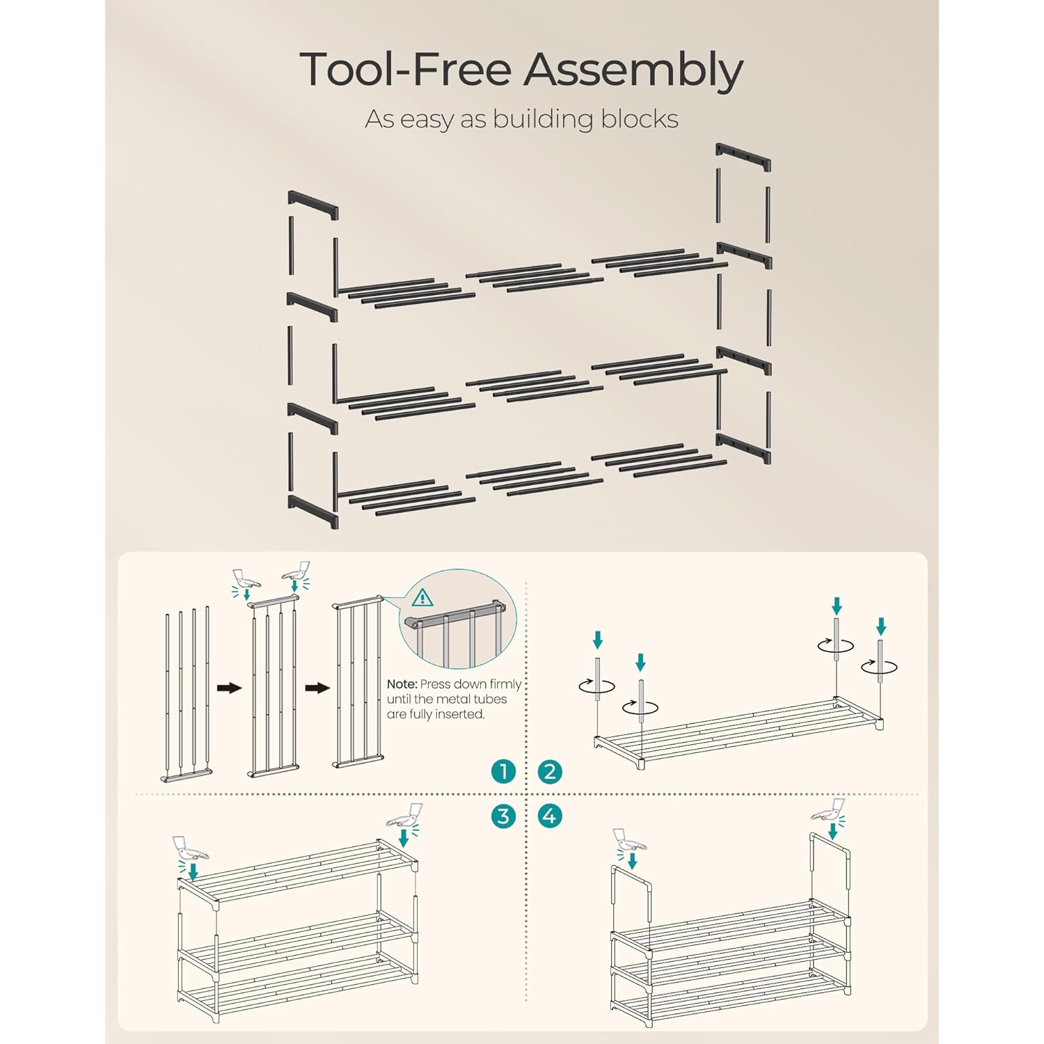 SONGMICS Shoe Rack, 3-Tier Shoe Organizer, Metal Storage Shelf, Upright or Upside Down, for 16-20 Pairs, Stackable, for Entryway, 11.8 x 36.2 x 21.7 Inches, Black ULSA303B02