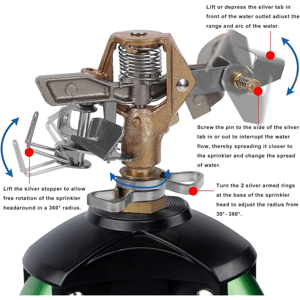 Biswing Impact Sprinkler Head On Tripod Base, Heavy Duty Lawn Sprinklers, 360 Degree Large Area Irrigation, Metal Sprinkler Nozzle & Solid Alloy Metal Extension Legs Flip Locks, 2 Pack