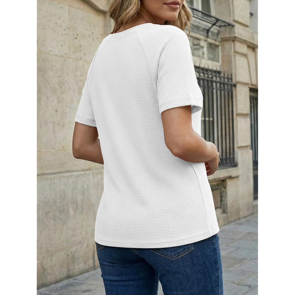 AUTOMET Women's Waffle Knit Henley Tops Short Sleeve Blouses Business Casual T-Shirts for Spring Summer Vacation 2026