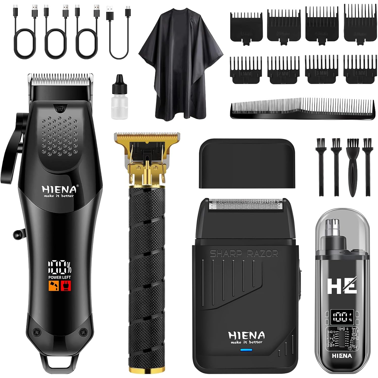 Hiena Pro Professional Hair Clipper Set For Men, Cordless Barber Trimmer And Electric Foil Shaver, Nose Hair Trimmer, Hair Cutting Kit, R-Type Adjustable Blade, Led Display, Usb Charging