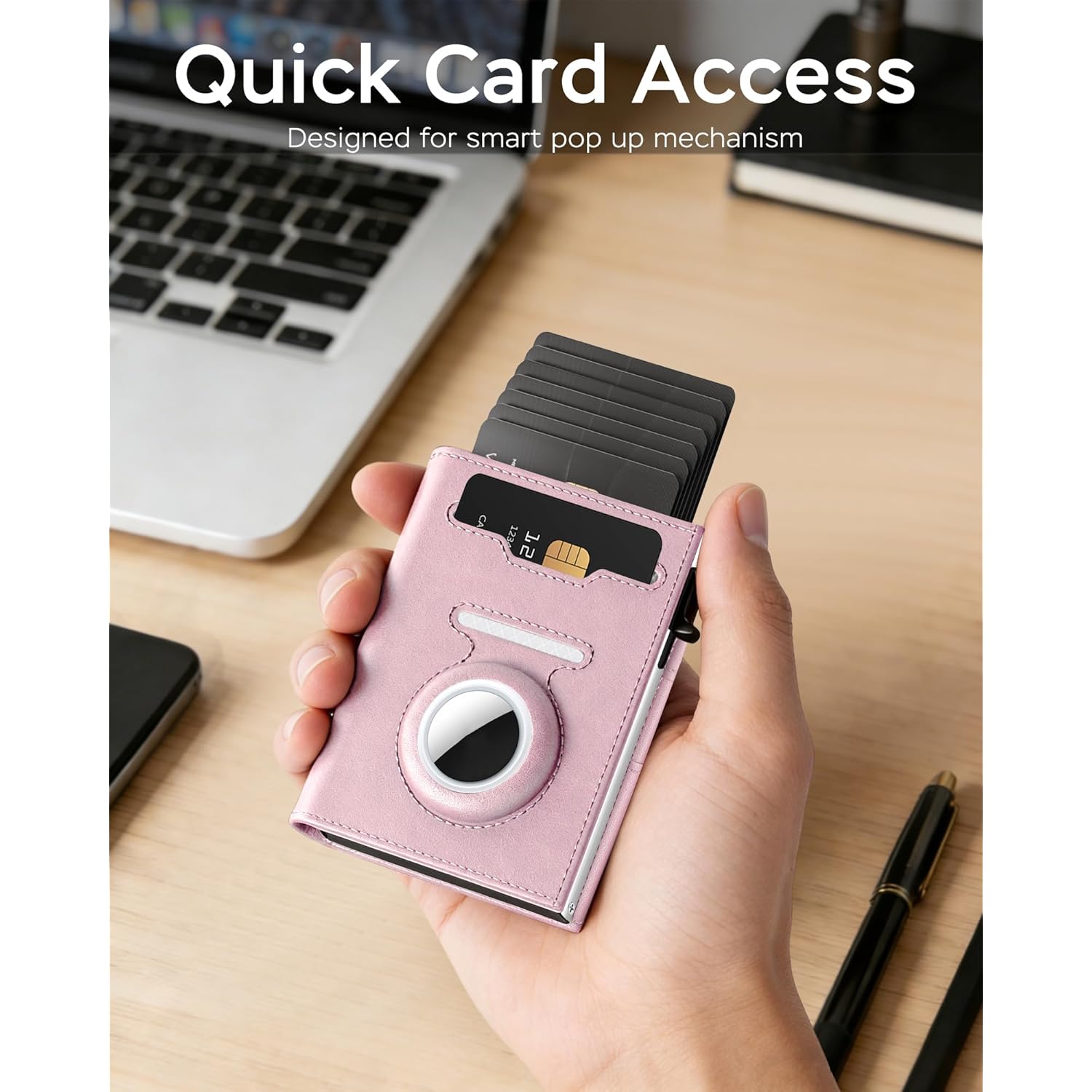 RFID Wallet for Women with AirTag Holder - Slim Small Trifold Wallets Anti-Theft Pop up Card Holder for Air Tag, Front Pocket, Minimalist, Premium Leather, Ultra Thin, ID Window, Cash Slot