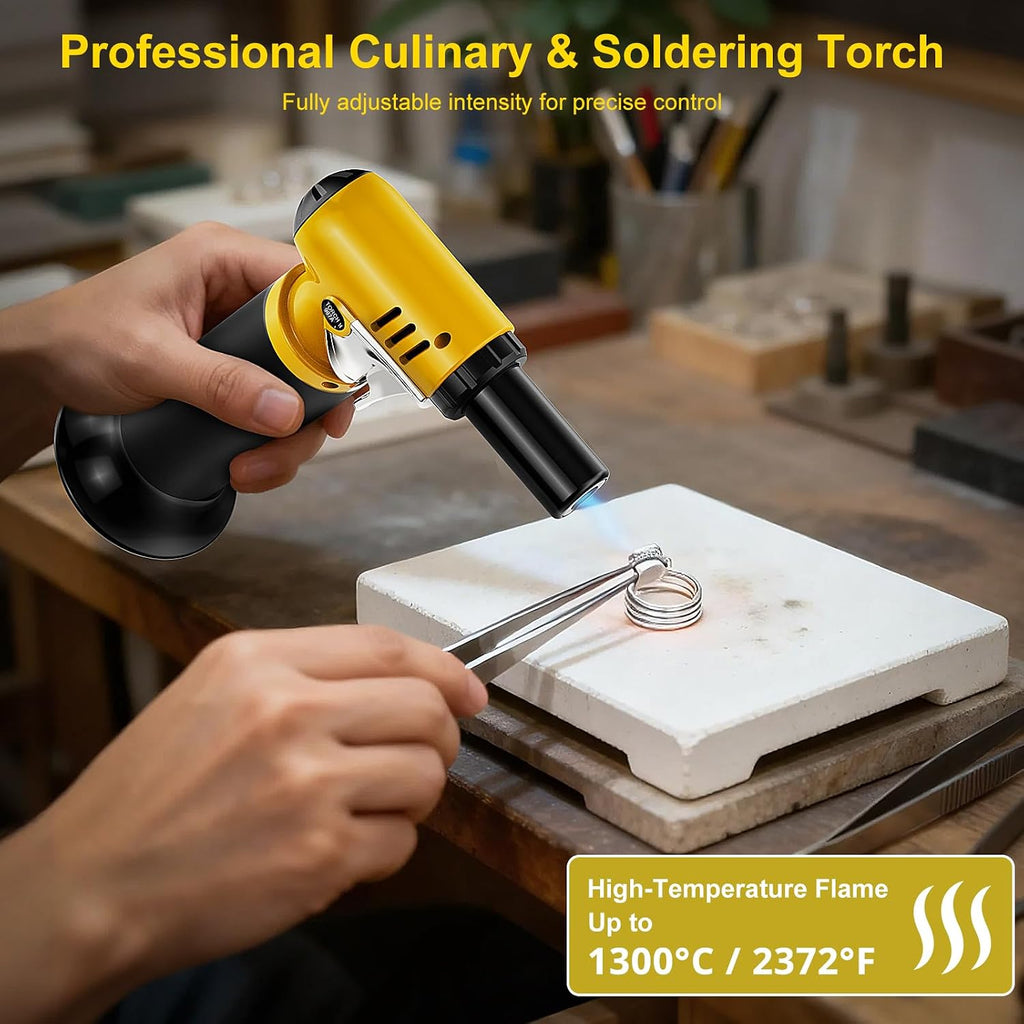 Butane Torch With Fuel Gauge T907, One-Hand Operation Kitchen Torch Lighter With Adjustable Flame For Bbq, Baking, Brulee Creme, Crafts And Soldering(Butane Gas Not Included)