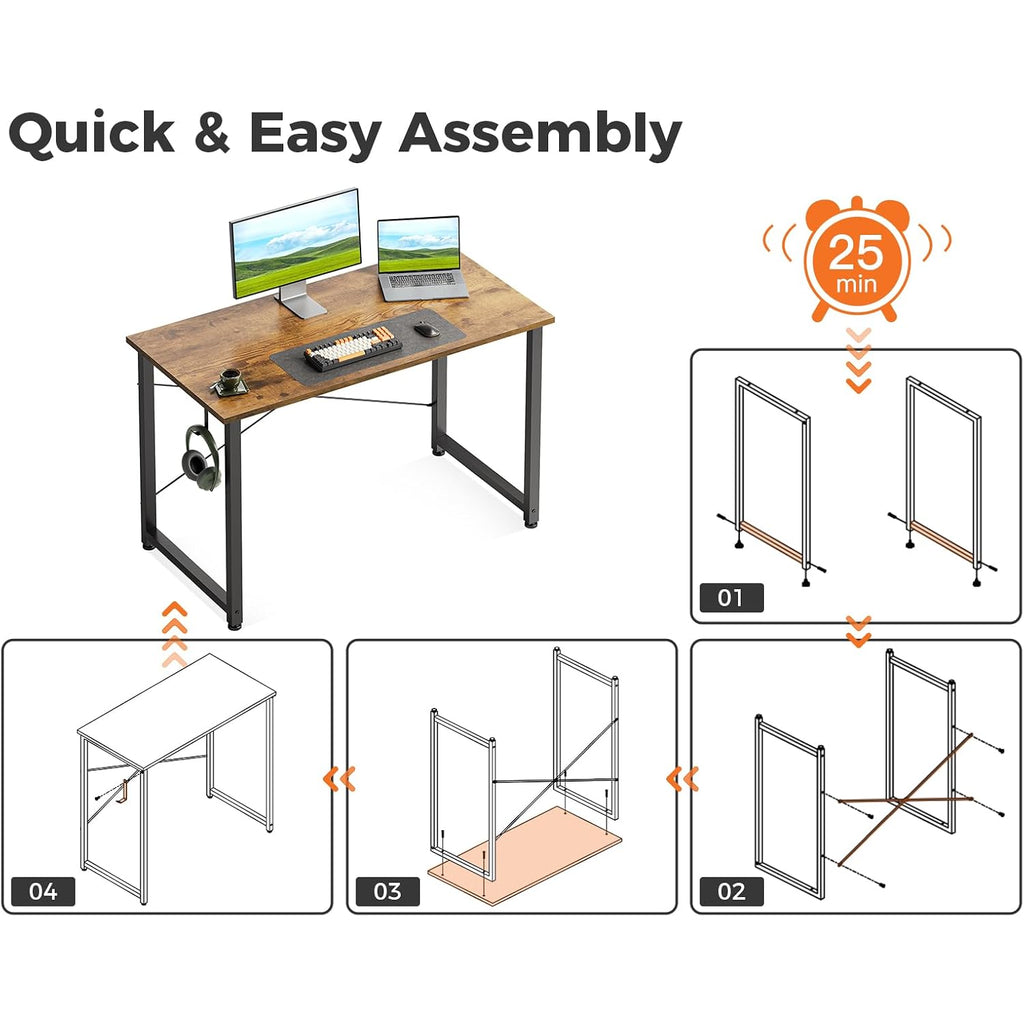 Casaottima 40 Inch Small Computer Desk For Home Office, Study Writing Table For Small Spaces, Simple Modern Desk With Headphone Hooks, Vintage