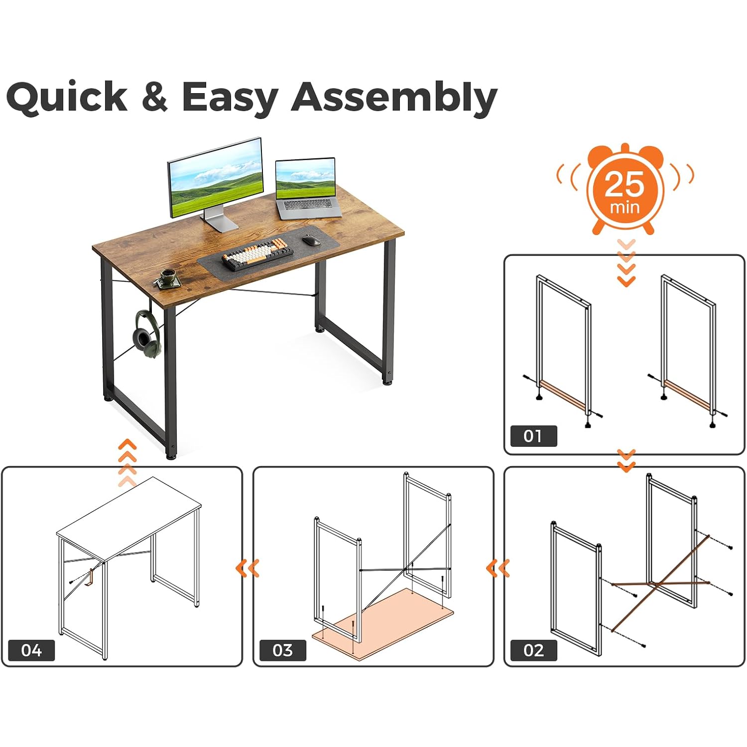 Casaottima 40 Inch Small Computer Desk For Home Office, Study Writing Table For Small Spaces, Simple Modern Desk With Headphone Hooks, Vintage