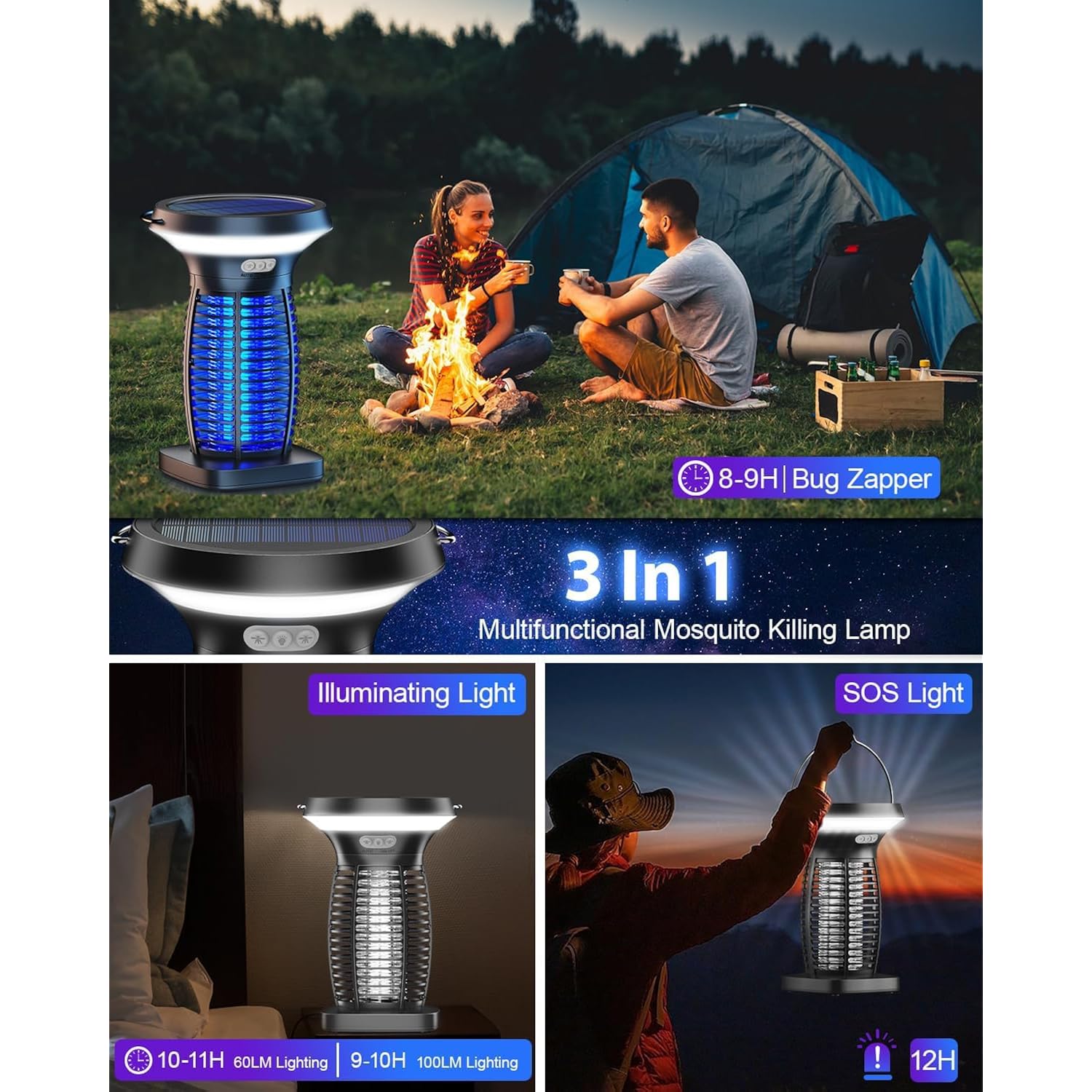 Solar Bug Zapper Outdoor Waterproof, Portable & Rechargeable Bug Zapper With Panel Sensor & Led Night Light Mosquitoes Zapper, Electric Fly Zapper For Home, Patio, Backyard, Camping