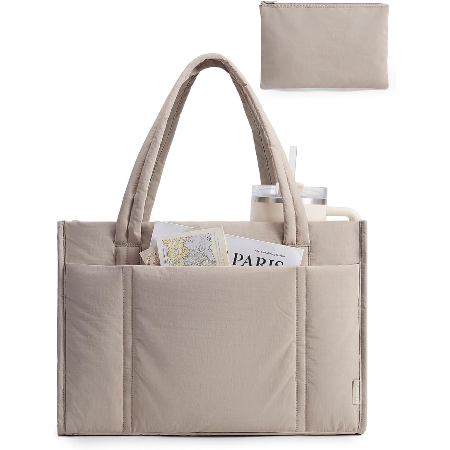 BAGSMART Tote Bag for Women, 2Pc Puffer Tote Bag with Zipper, Quilted Work Tote Teacher Bag Shoulder Handbag | Beach Tote, Diaper Bag Tote, for Travel, Gym, Lightweight, Fit 15.6" Laptop, 21L Medium Tote