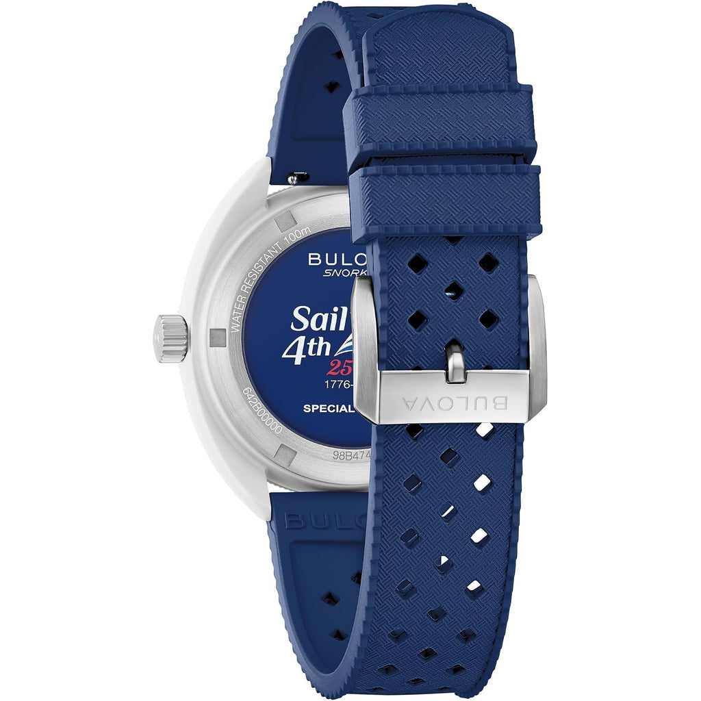 Bulova Men'S Snorkel - America'S 250Th Sail 4Th Special Edition: 41Mm White Hybrid-Ceramic Case With A Blue Rubber Strap & Red Dial (Style: 98B474)
