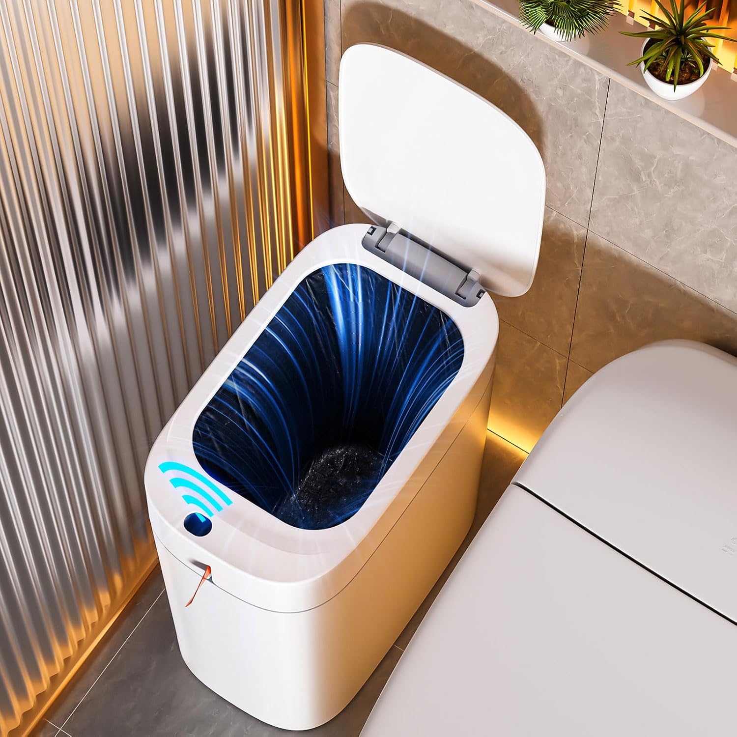 Bathroom Trash Can With Lid, Automatic Motion Sensor Trash Can, 3.5 Gallon Garbage Can, Type-C Rechargeable, Bag-Holding Design, One-Pull Auto Packing, Quiet-Close Hinge For Bedroom, Office