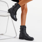 Women'S Combat Boots Low Heel, Mid Calf Military Boots With Card Knife Wallet Pocket