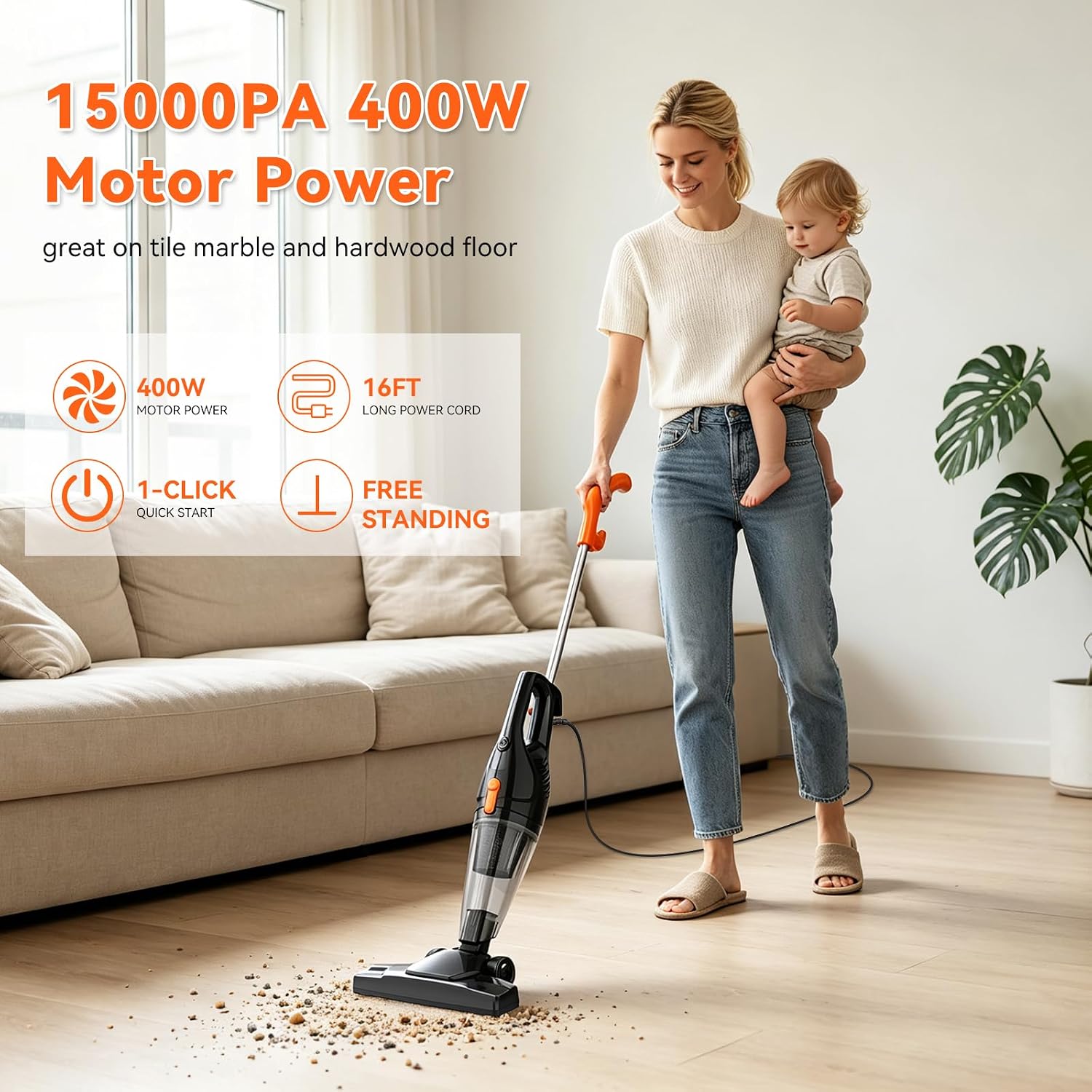 Tc-Junesun Corded Vacuum Cleaner, 12 In 1 Ultra-Lightweight Small Vacuum Cleaners For Home Dorm 15Kpa Powerful Corded Stick Vacuum With Hepa Filter For Home, Car, Pet Hair, Carpet, Hard Floor