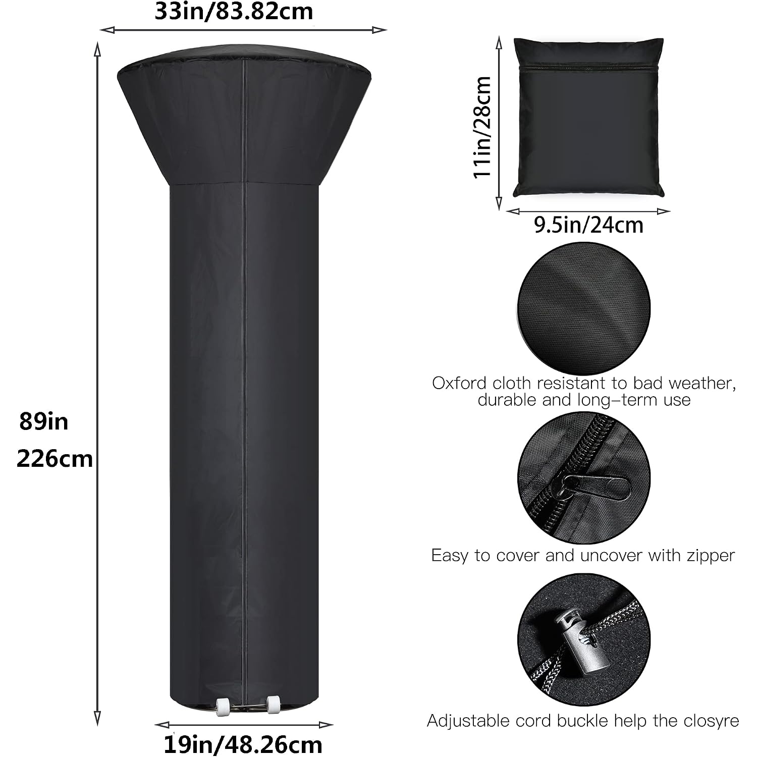 Patio Heater Covers With Zipper And Storage Bag,Waterproof,Dustproof,Wind-Resistant,Sunlight-Resistant,Snow-Resistant,Black,89'' Height X 33" Dome X 19" Base