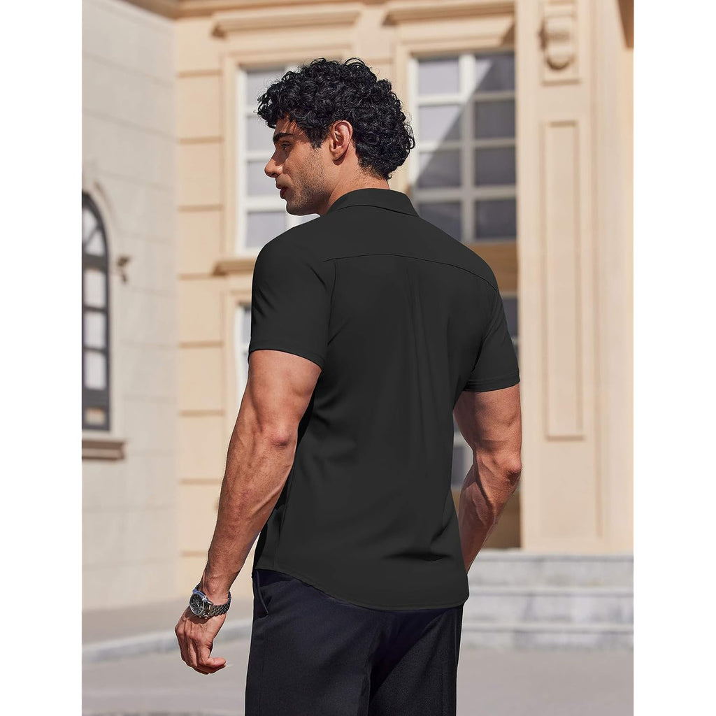 Coofandy Mens Muscle Fit Dress Shirts Stretch Wrinkle Free Short Sleeve Button Down Shirt Casual Solid Untucked Shirt