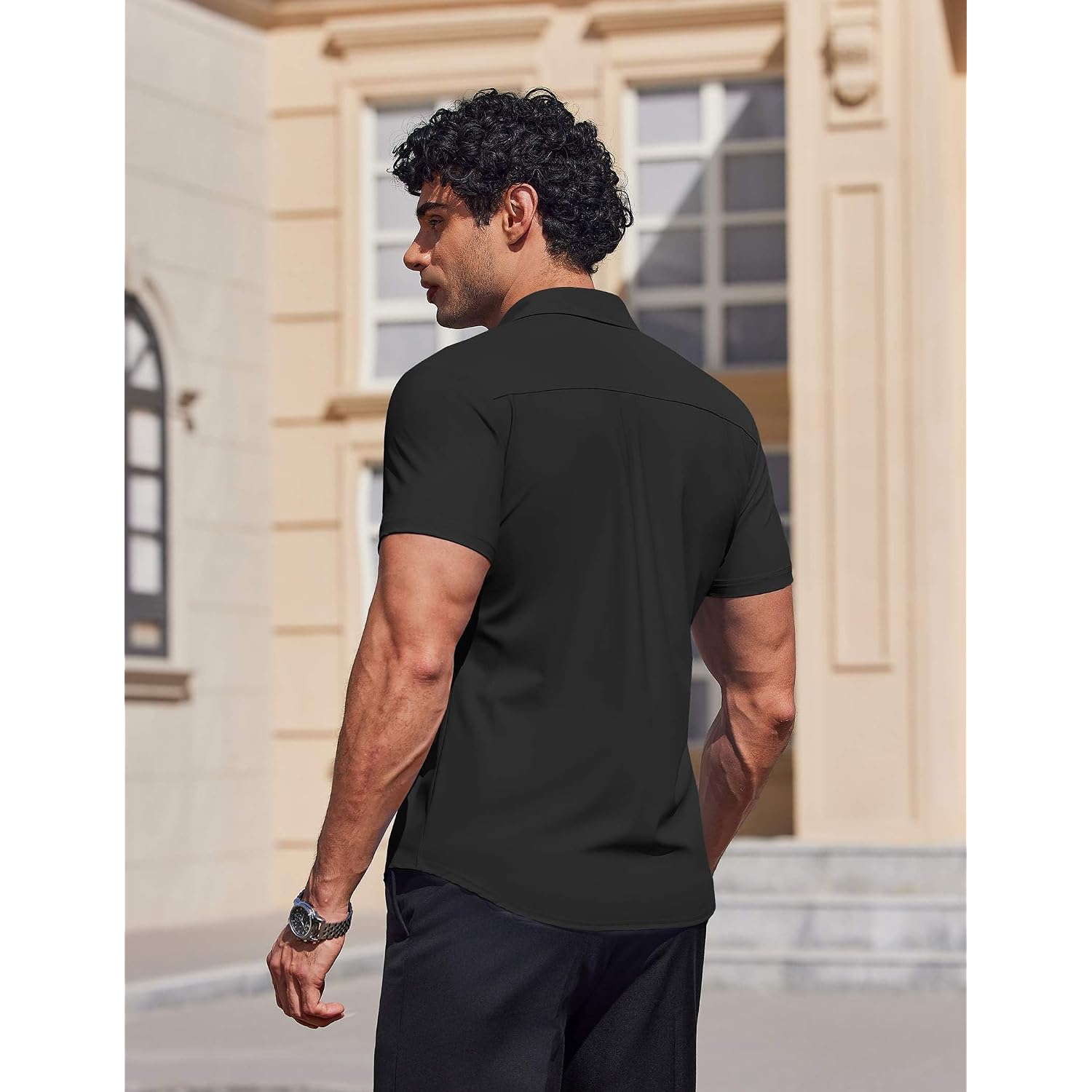 Coofandy Mens Muscle Fit Dress Shirts Stretch Wrinkle Free Short Sleeve Button Down Shirt Casual Solid Untucked Shirt