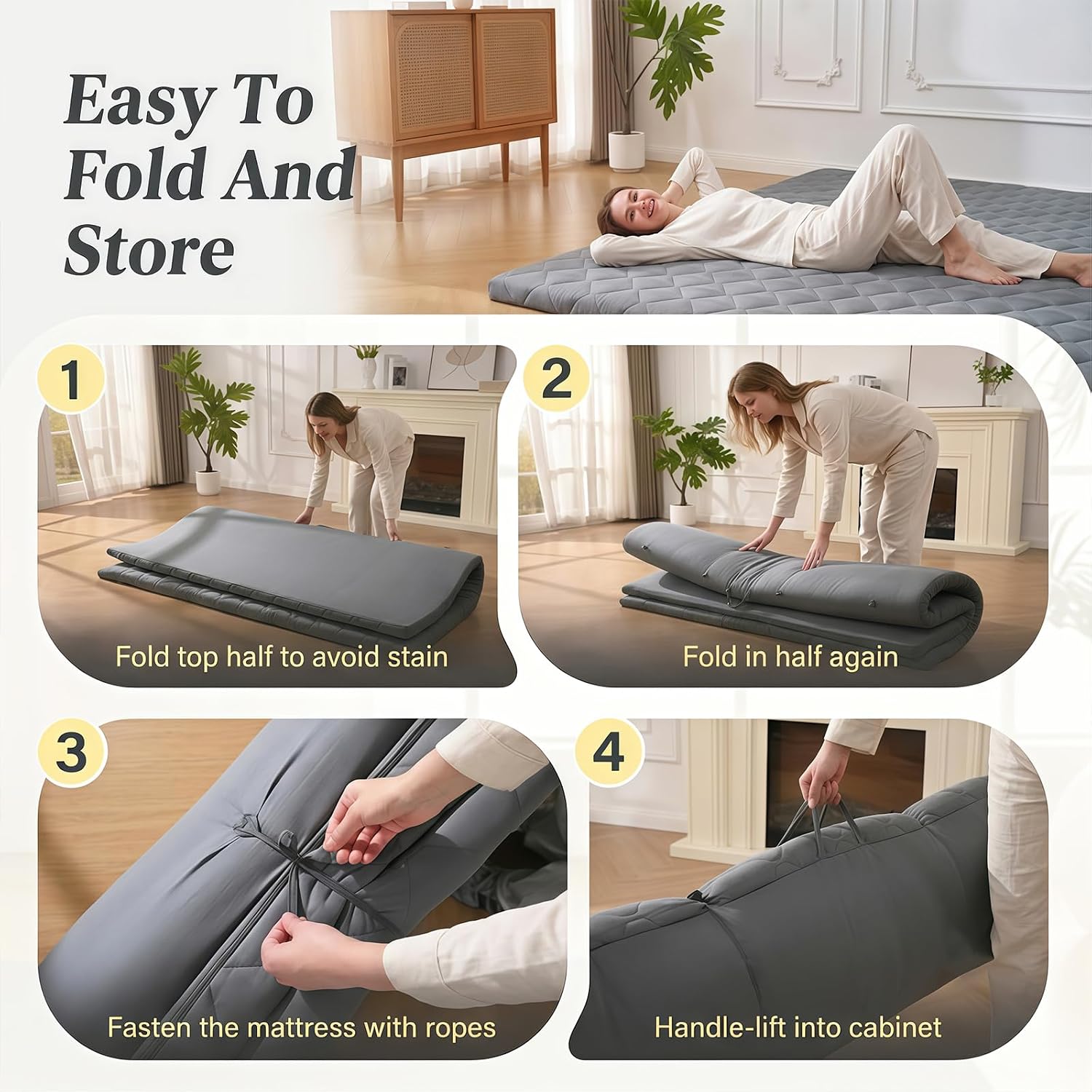 Japanese Floor Mattress, Futon Mattress Roll Up Tatami Mat With Handle, Foldable Floor Bed Sleeping Pad For Camping, Twin Size, Grey(39X75)