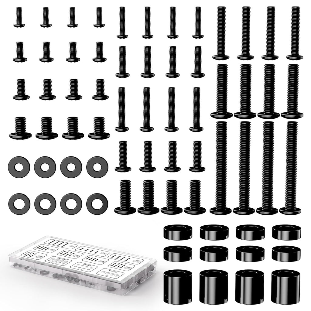 Universal Tv Mounting Hardware Screw Kit - Complete Set Of M4 M5 M6 M8 Bolts With Washers & Spacers For Most Tv Wall Mounts/Display Up To 80 Inches, Fits Vesa Standard (Black)