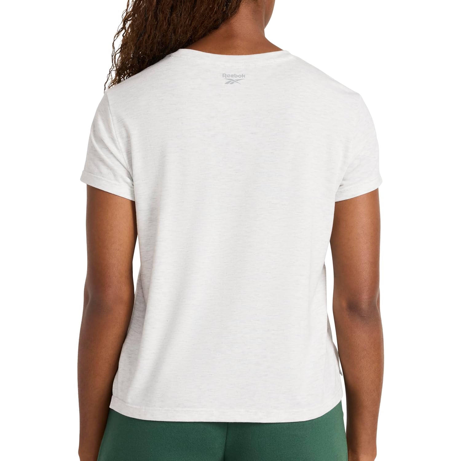 Reebok Women's Classic Athletic Graphic Crewneck Cropped T-Shirt Egret Heather/Pineneedle