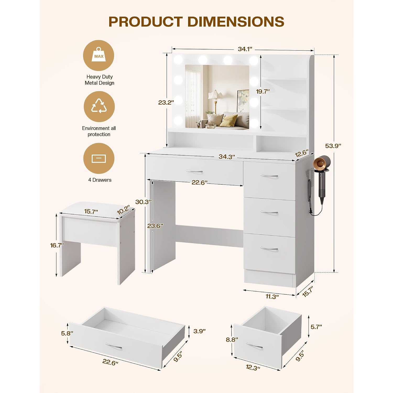 Livelyglow White Makeup Vanity Desk With Charging Station & 4 Drawers | 10 Led Bulbs, Hd Mirror, Cushioned Stool, Hairdryer Rack