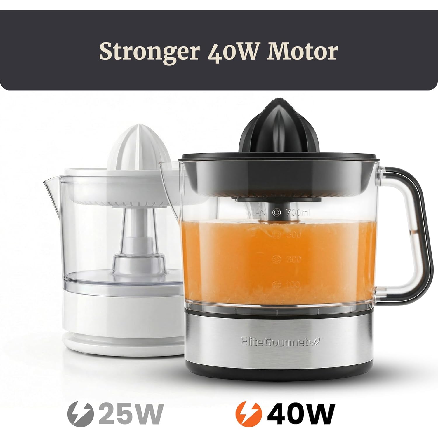 Elite Gourmet ETS623 BPA-Free 40-Watt Electric Citrus Juicer, Compact, Large Volume, Pulp Control, Oranges, Lemons, Limes, Grapefruits with Easy Pour Spout, 24oz, Black/Stainless Steel