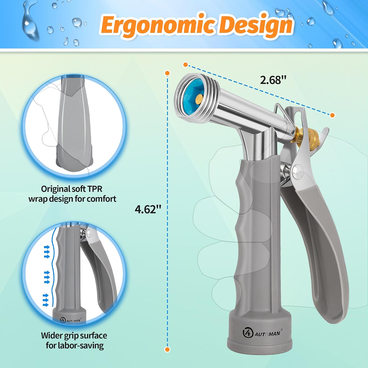 Automan Full Size Garden Hose Nozzle 2 Pack, High Pressure Pistol Grip Water Nozzle Sprayer With Threaded Front, Adjustable Spray Water Flow For Washing Car, Cleaning Ground, Watering Plants