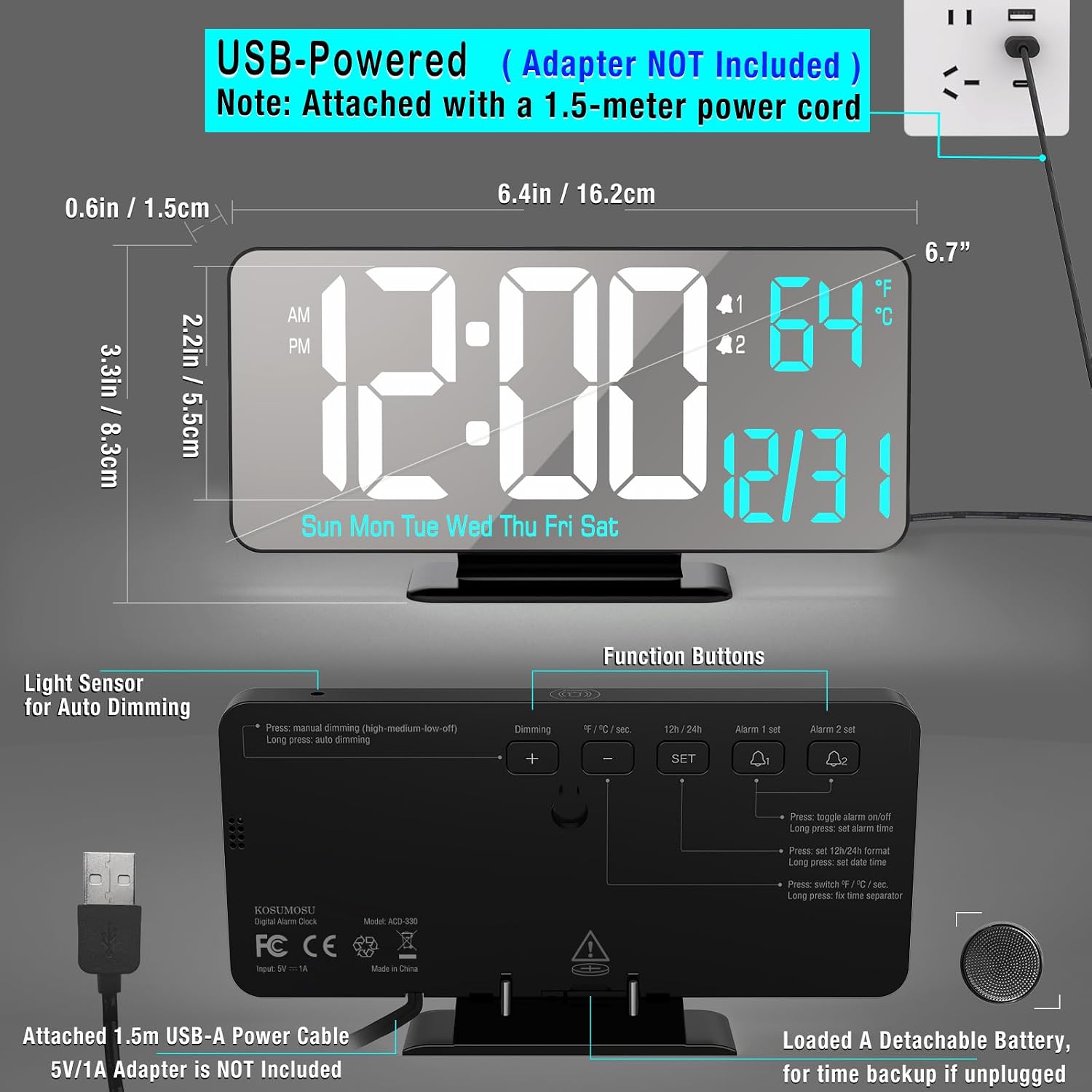 Digital Alarm Clock 6.7In Black Clock For Bedroom, Dual Alarm, Date, Seconds,Day Of Week,12/24H,Dimming, Temp, Desk Clock, Led Clock For Living Room, Calendar Digital Clock