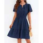 Btfbm Womens Summer 2026 Casual Mini Dresses Lightweight Short Sleeve V Neck Elastic Waist Cute Boho Beach Dress Pockets