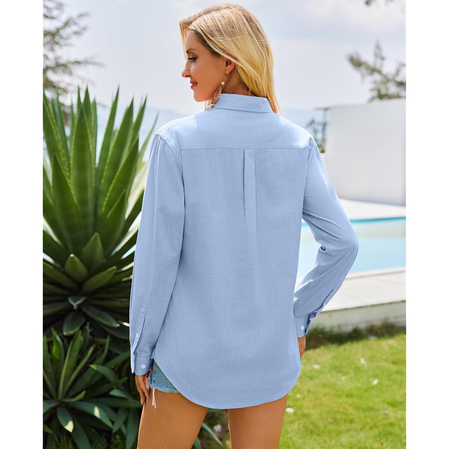 Siliteelon Womens Button Down Shirt Linen Button Up Shirts For Women Long Sleeve Summer Shirt Collared Blouse Linen Tops