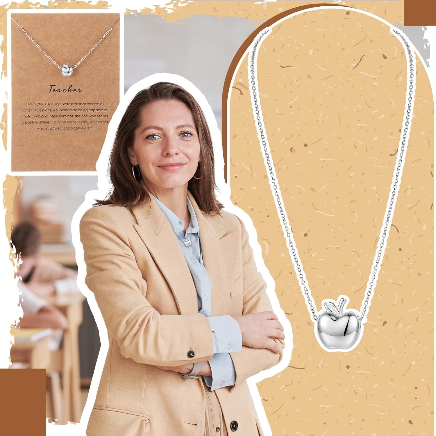 20 Sets Teacher Appreciation Gifts for Women Bulk Silver Apple Necklace Dainty Thank You Gifts Teacher Appreciation Week Graduation Party Favors with Card and Organza Bags(Silver)