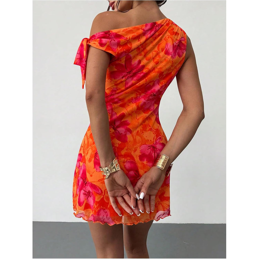 Gorglitter Women'S Asymmetrical Hem Bodycon Mini Dress Tie One Shoulder Floral Sleeveless Wedding Guest Pencil Short Dresses
