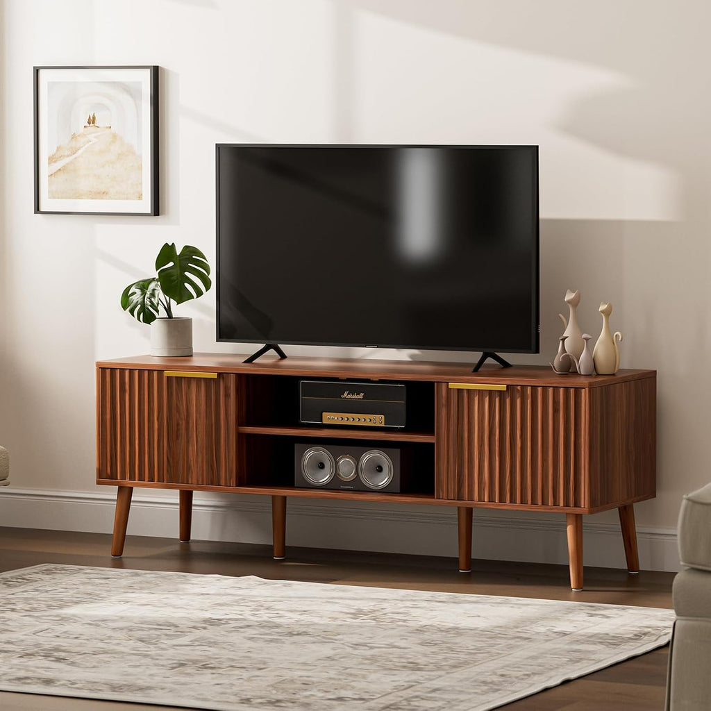 Tv Stand With Fluted Doors For Tvs Up To 65", Mid-Century, Walnut | 54.3"W X 15.3"D X 19.6"H, 150 Lbs Capacity, 2 Fluted Door Cabinets & 2 Adjustable Shelves, Cable Holes, 5 Tapered Legs