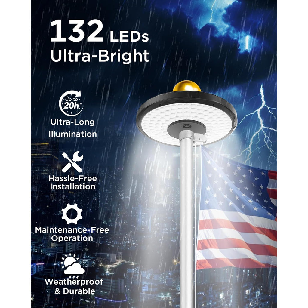 Solar Flag Pole Light For American Flag, 132 Led Solar Flagpole Light With 2600Mah Battery For 15-25 Ft Flagpoles, Dusk To Dawn Auto On/Off, 3 Brightness Modes, Ip65 Waterproof Outdoor Flag Light