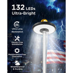 Solar Flag Pole Light For American Flag, 132 Led Solar Flagpole Light With 2600Mah Battery For 15-25 Ft Flagpoles, Dusk To Dawn Auto On/Off, 3 Brightness Modes, Ip65 Waterproof Outdoor Flag Light