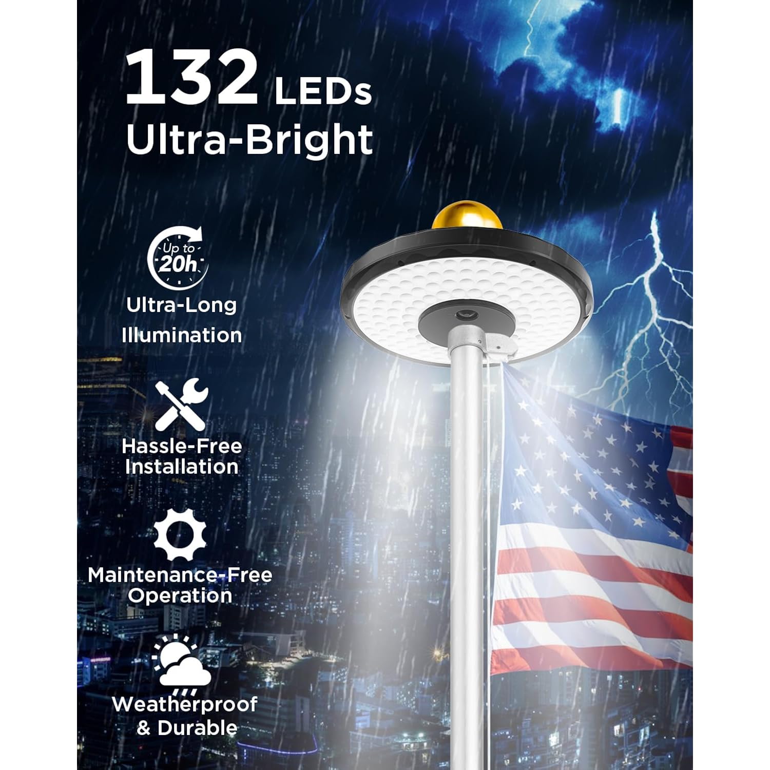 Solar Flag Pole Light For American Flag, 132 Led Solar Flagpole Light With 2600Mah Battery For 15-25 Ft Flagpoles, Dusk To Dawn Auto On/Off, 3 Brightness Modes, Ip65 Waterproof Outdoor Flag Light
