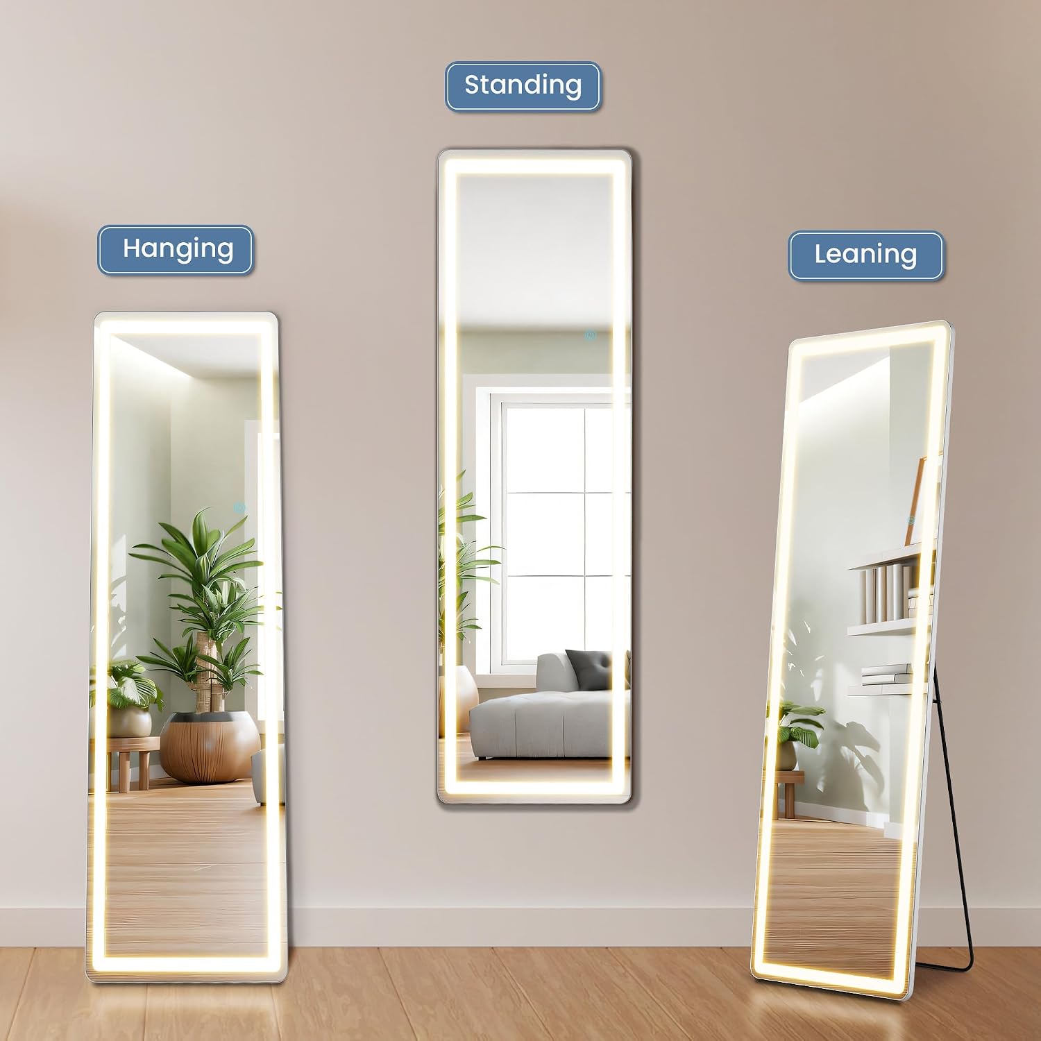 Dumos 16" X 60" Led Full Length Mirror With Lights, Lighted Floor Full Body Mirrors With 3 Color Lighting, Wall Mounted Stand Mirror For Bedroom, Dressing Room, Living Room, Bathroom