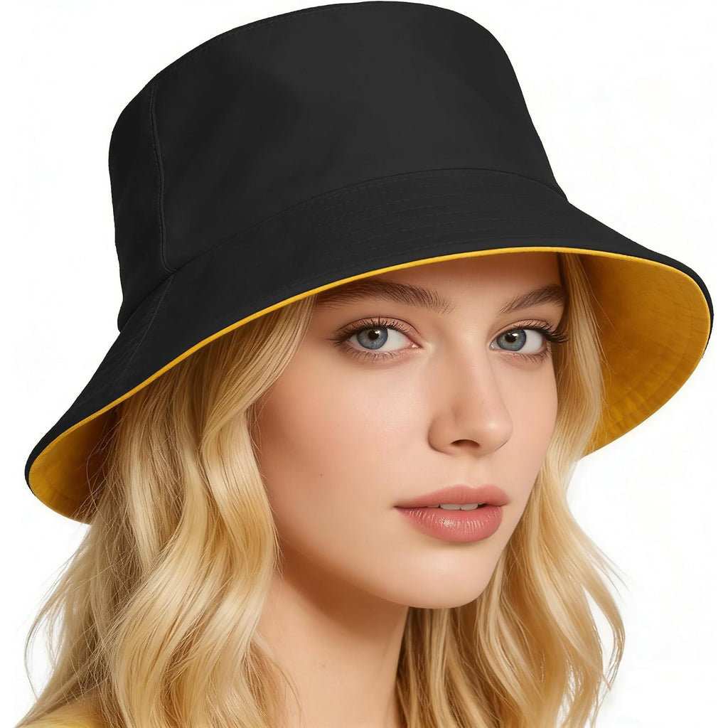 Bucket Hat for Men and Women 2-in-1 Reversible Sun Protection Fashion Flat Top Cap for Fishing Travel Beach Sports Yellow-black