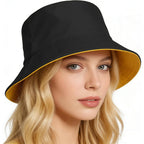 Bucket Hat for Men and Women 2-in-1 Reversible Sun Protection Fashion Flat Top Cap for Fishing Travel Beach Sports Yellow-black