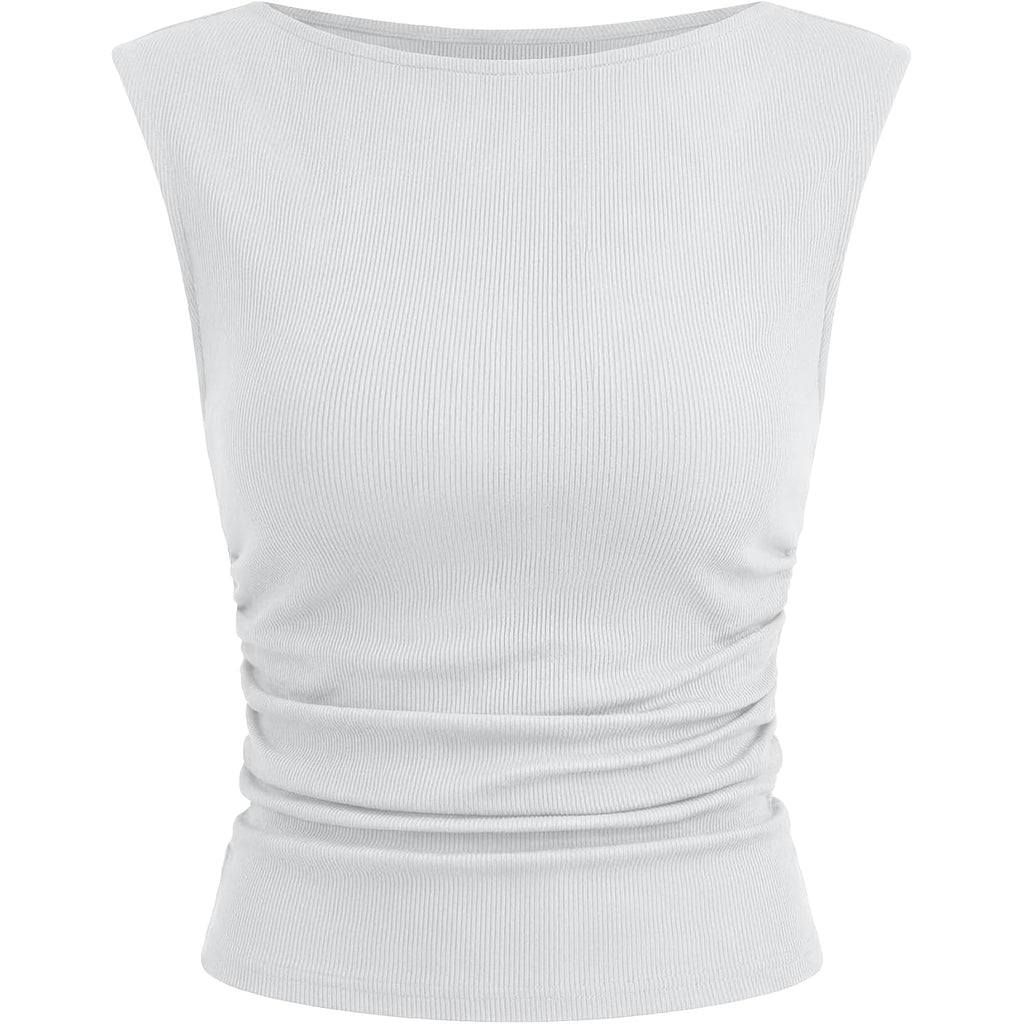 Tank Tops for Women 2026 Summer Going Out Crop Top Sleeveless Boat Neck Rib Tight Ruched Tee Shirts Vacation Clothes