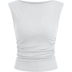 Tank Tops for Women 2026 Summer Going Out Crop Top Sleeveless Boat Neck Rib Tight Ruched Tee Shirts Vacation Clothes