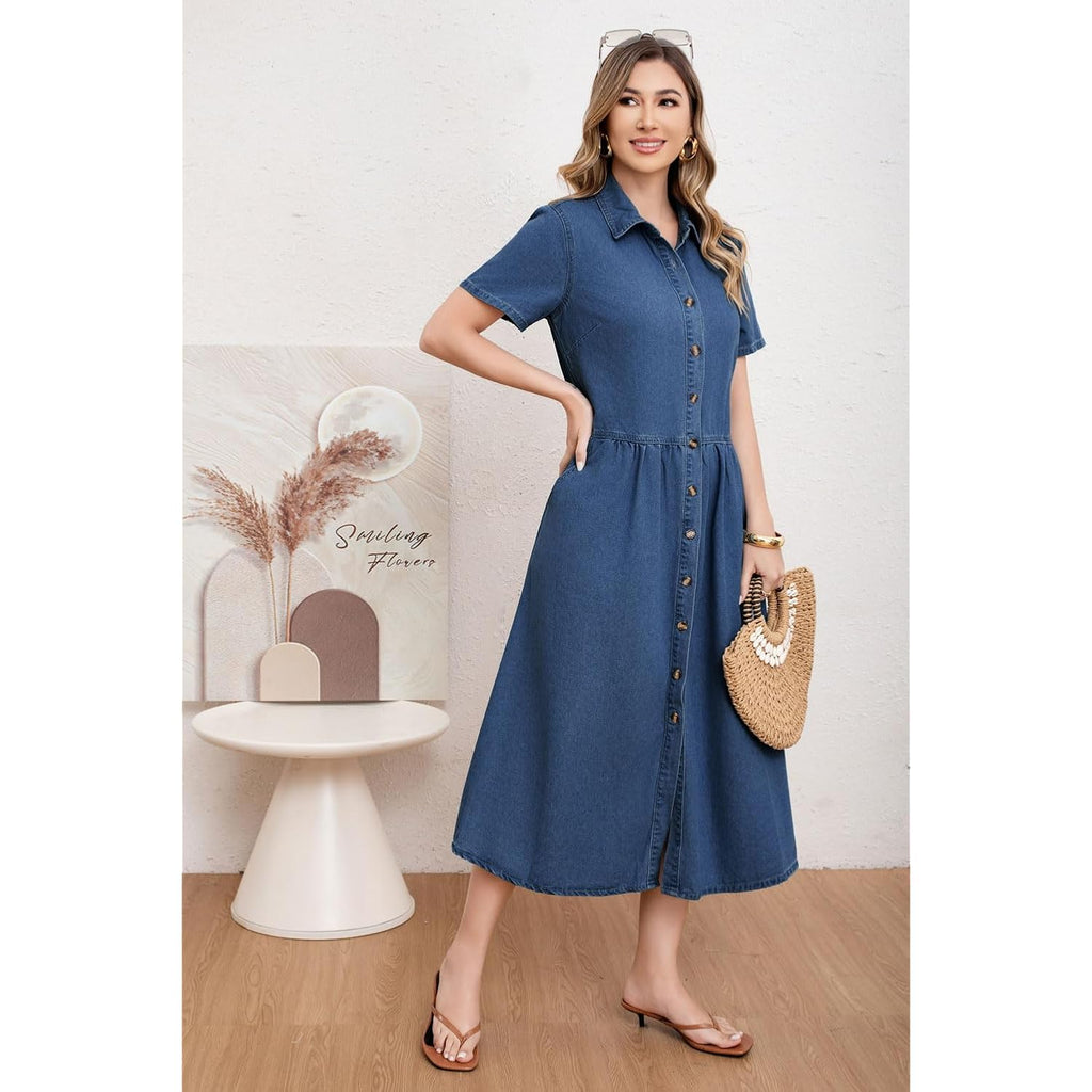 Utcoco Womens Denim Dress Lapel Short Sleeve Frayed Hem Jean Dresses Oversized Button Down A Line Shirt Dress